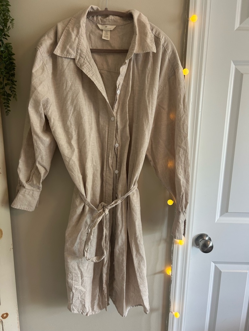 H&M Beige Button-Front Shirt Dress with Tie Waist XL